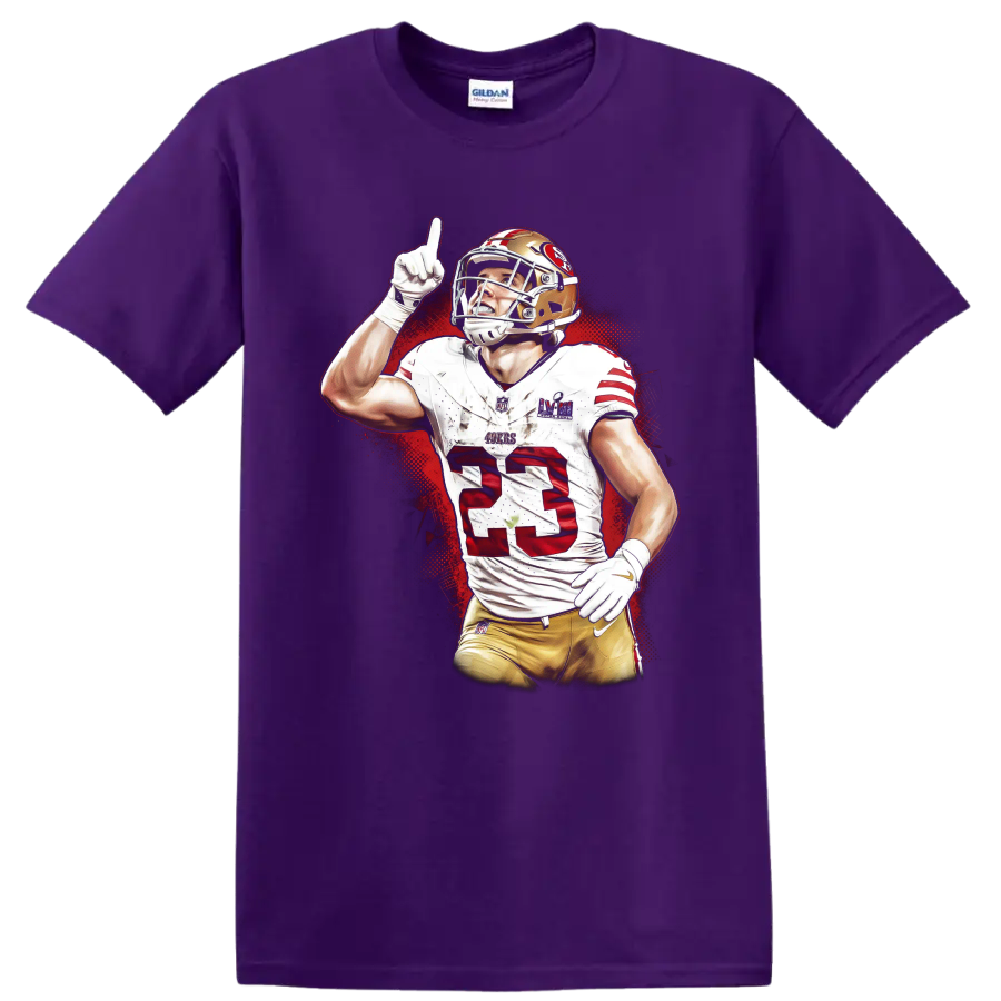 Christian McCaffrey 49ers number 23 football player in red splatter sports art on a Purple T Shirt