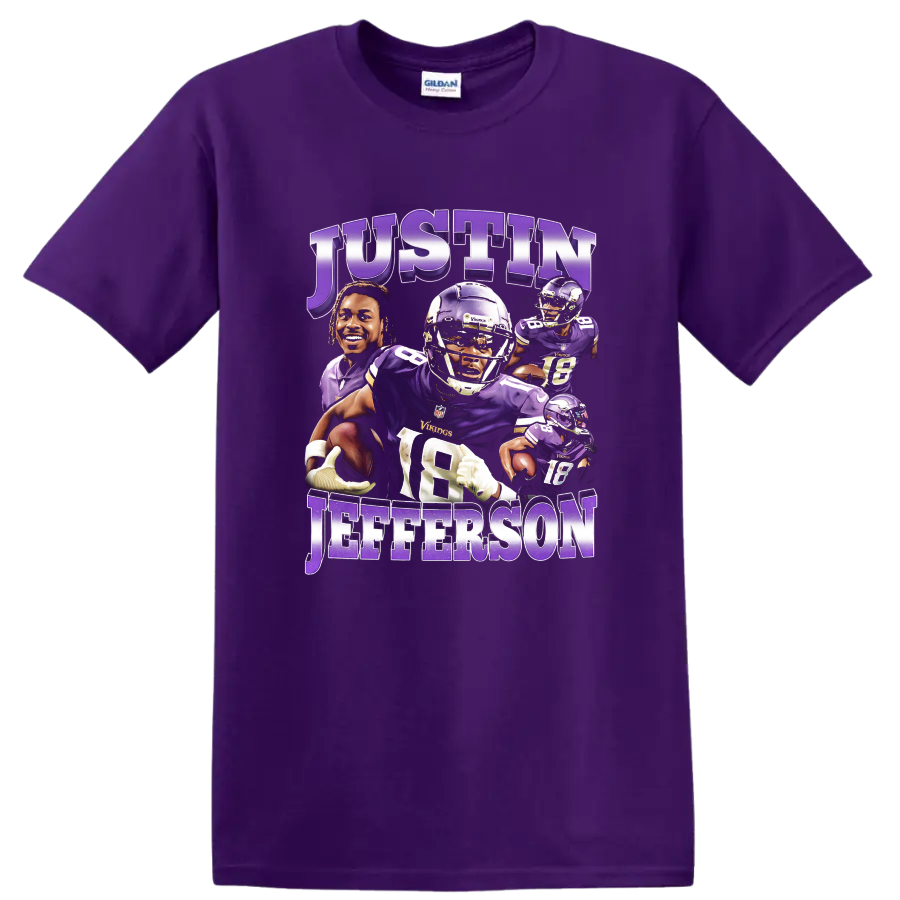 Justin Jefferson Minnesota Vikings layered purple football action collage with bold name on a Purple T Shirt