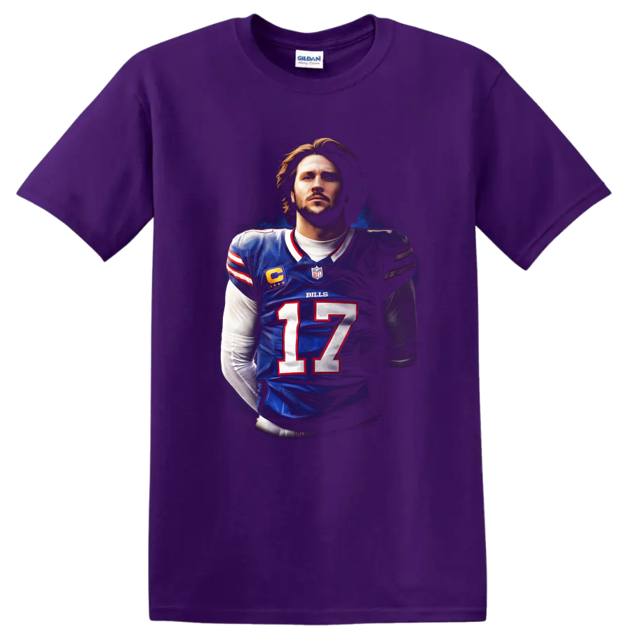 Josh Allen Buffalo Bills number 17 quarterback portrait in dramatic football poster style on a Purple T Shirt