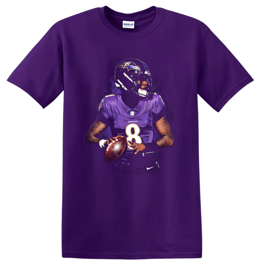 Lamar Jackson Baltimore Ravens quarterback action portrait with purple splatter artwork on a Purple T Shirt