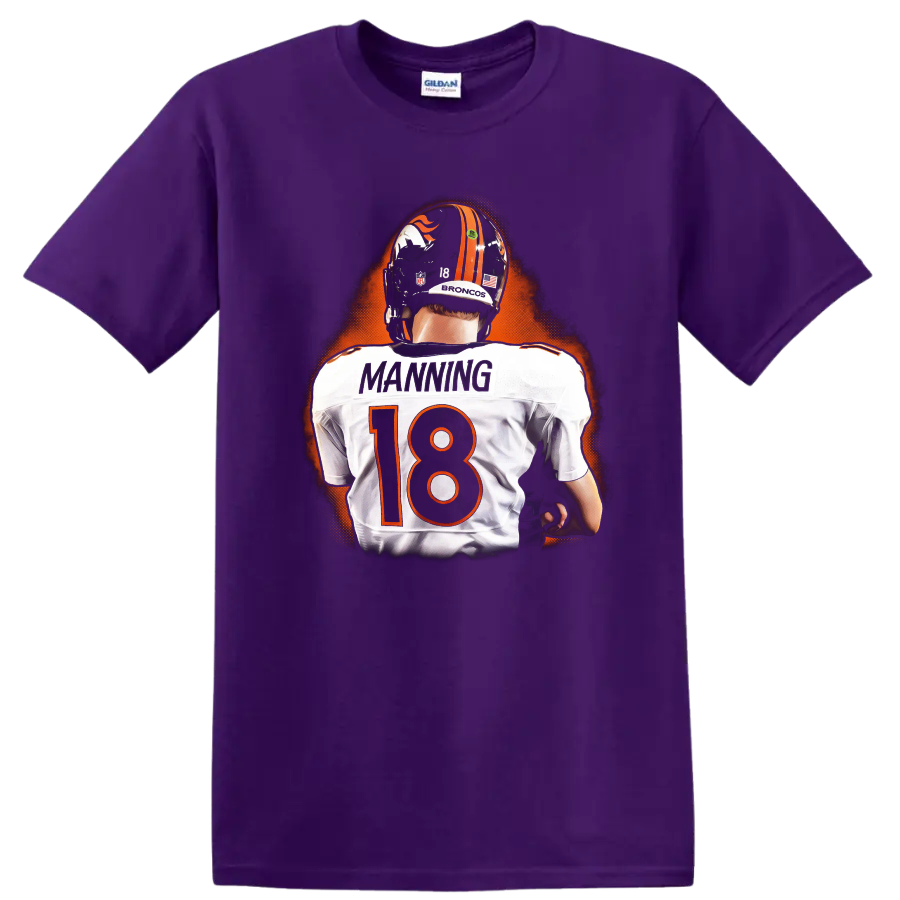 Peyton Manning Broncos No. 18 back-view football player with orange glow on a Purple T Shirt