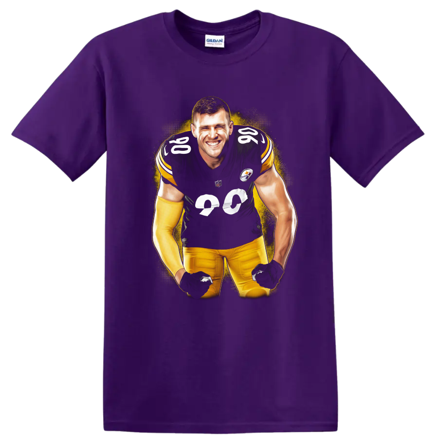 T.J. Watt Pittsburgh Steelers number 90 football player portrait with gold splatter on a Purple T Shirt