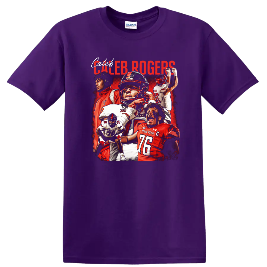 Caleb Rogers Texas Tech Red Raiders football action collage with bold red lettering on a Purple T Shirt