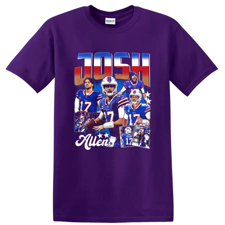 Josh Allen Buffalo Bills football collage with stars and ALLEN 17 action imagery on a Purple T Shirt