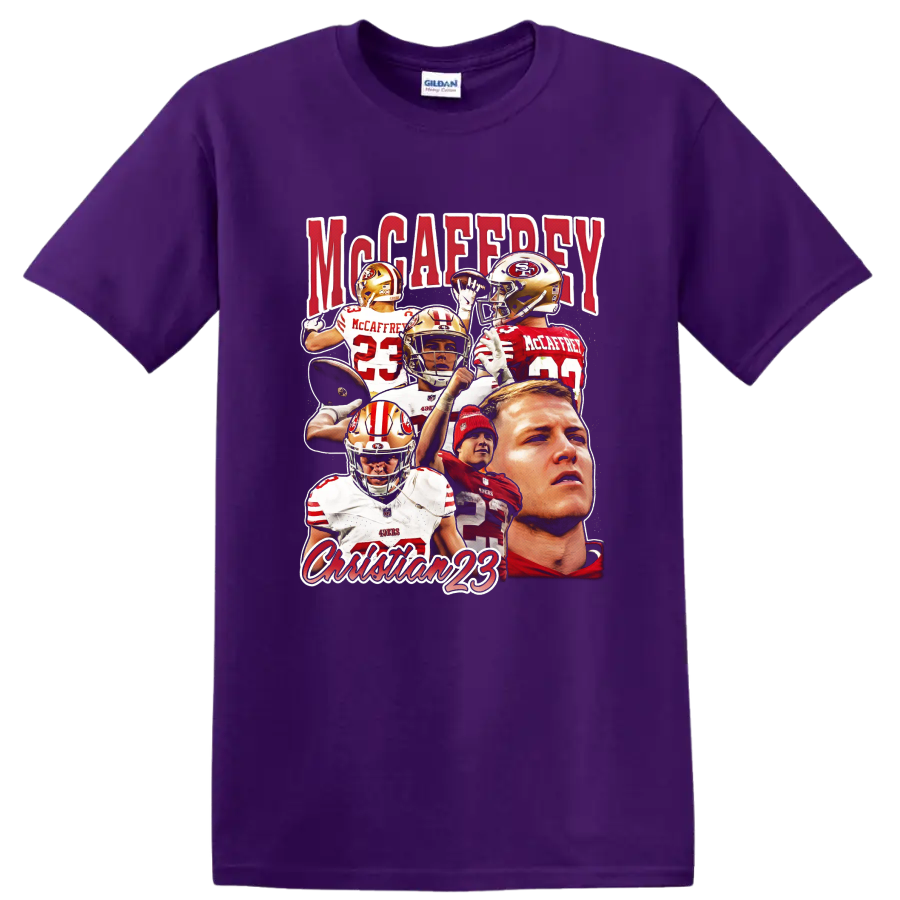 Christian McCaffrey 49ers number 23 football action collage with bold McCaffrey lettering on a Purple T Shirt