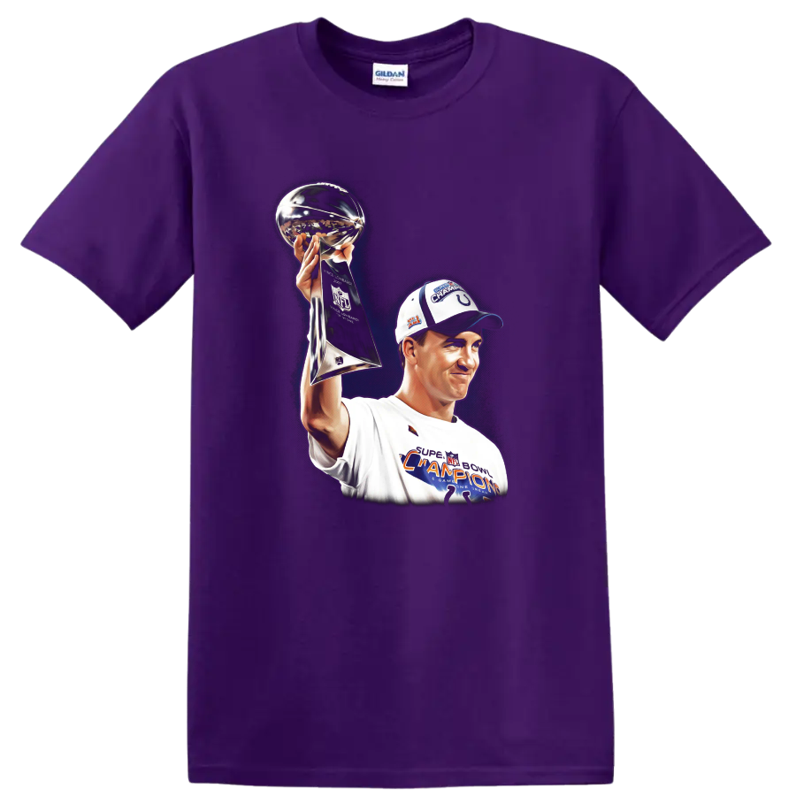 Peyton Manning raising the Lombardi Trophy in a Super Bowl champion sports illustration on a Purple T Shirt
