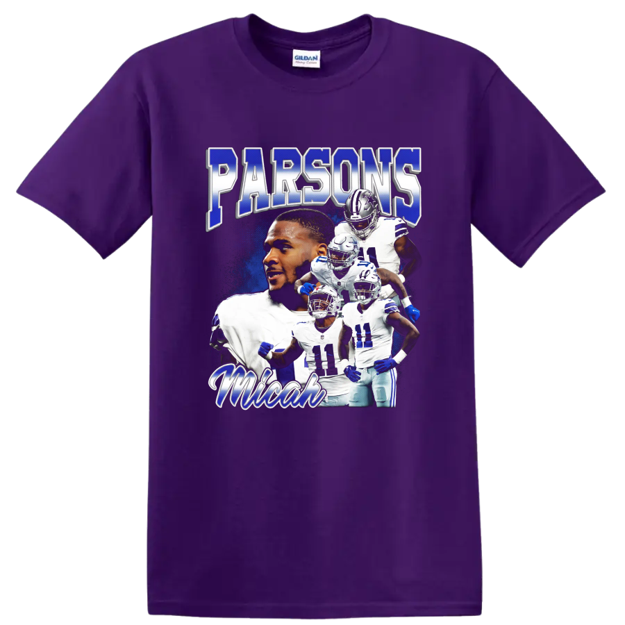 Micah Parsons Dallas Cowboys action collage with Parsons and football player imagery on a Purple T Shirt