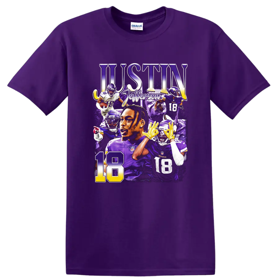 Justin Jefferson Minnesota Vikings number 18 purple football action collage on a Purple T Shirt