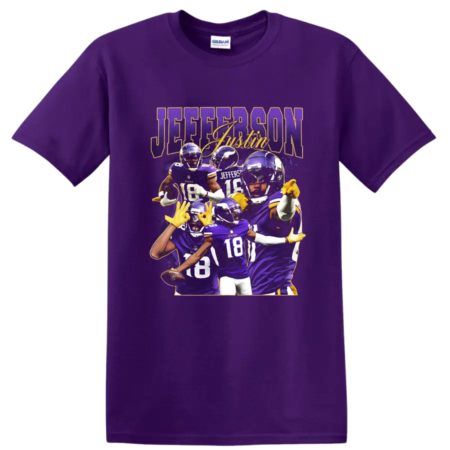 Justin Jefferson Minnesota Vikings football player collage with purple and gold action on a Purple T Shirt