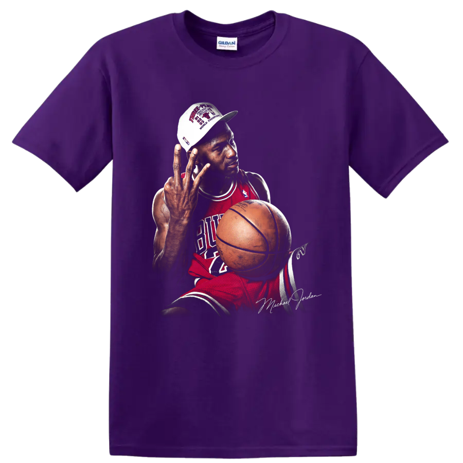 Michael Jordan Chicago Bulls championship portrait with basketball and victory cap on a Purple T Shirt