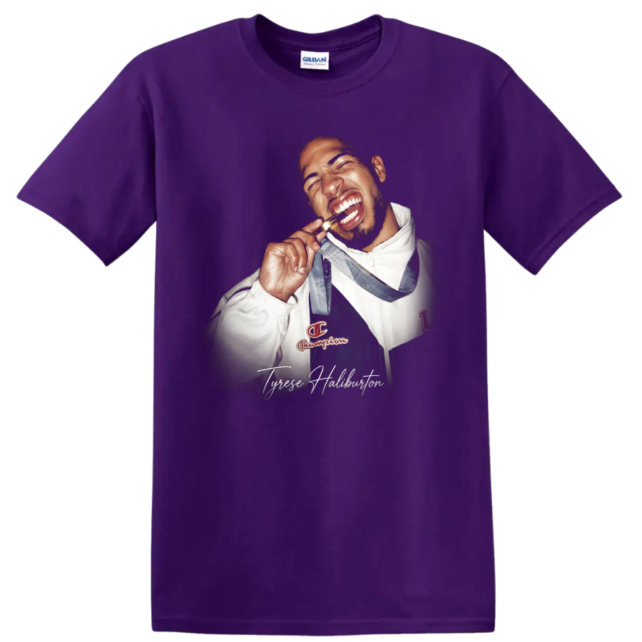 Michael Jordan Chicago Bulls basketball portrait with script-style name lettering on a Purple T Shirt