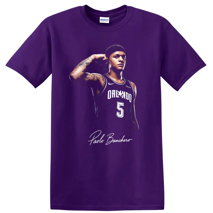 Paolo Banchero Orlando Magic player portrait with number 5 jersey and signature on a Purple T Shirt