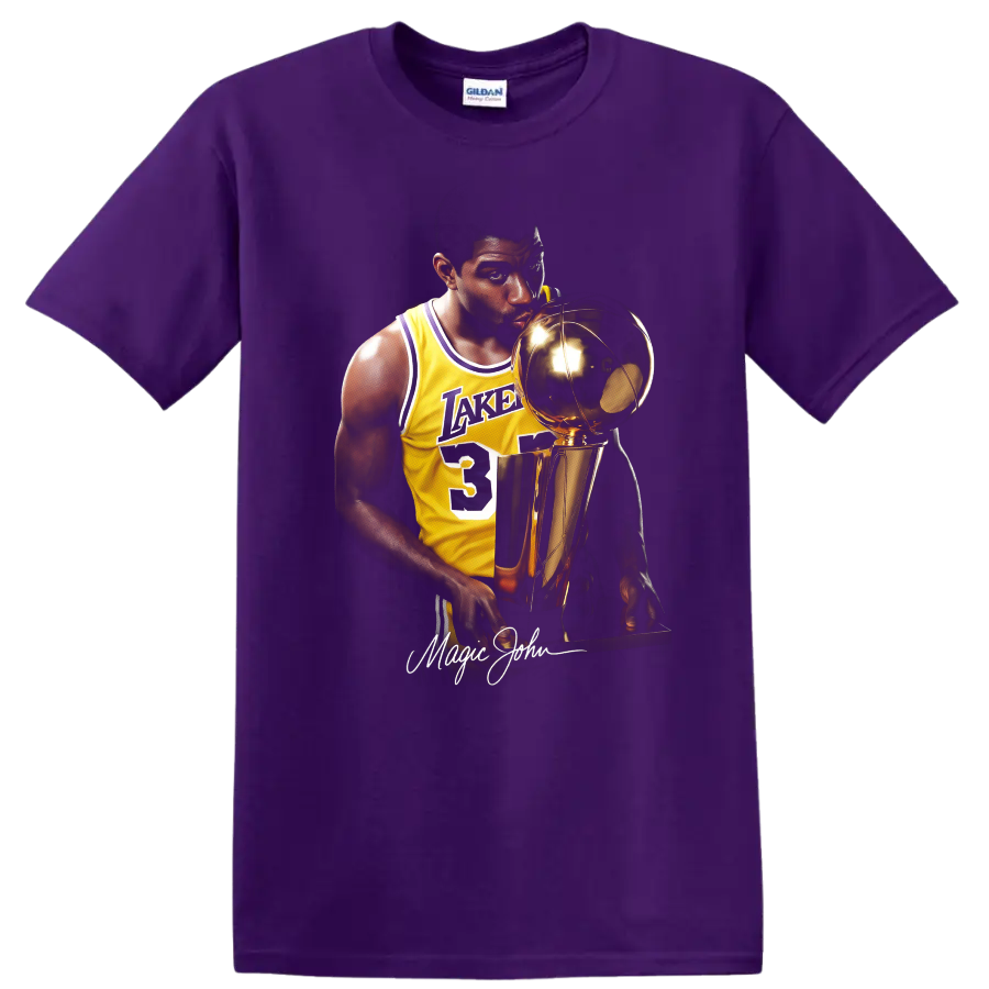 Magic Johnson in Los Angeles Lakers No. 32 jersey holding championship trophy portrait on a Purple T Shirt