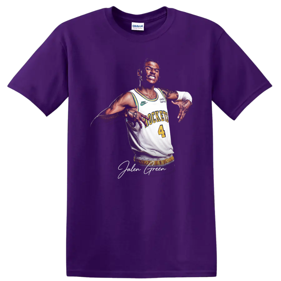 Jalen Green basketball portrait in a number 4 jersey with signature-style name text on a Purple T Shirt