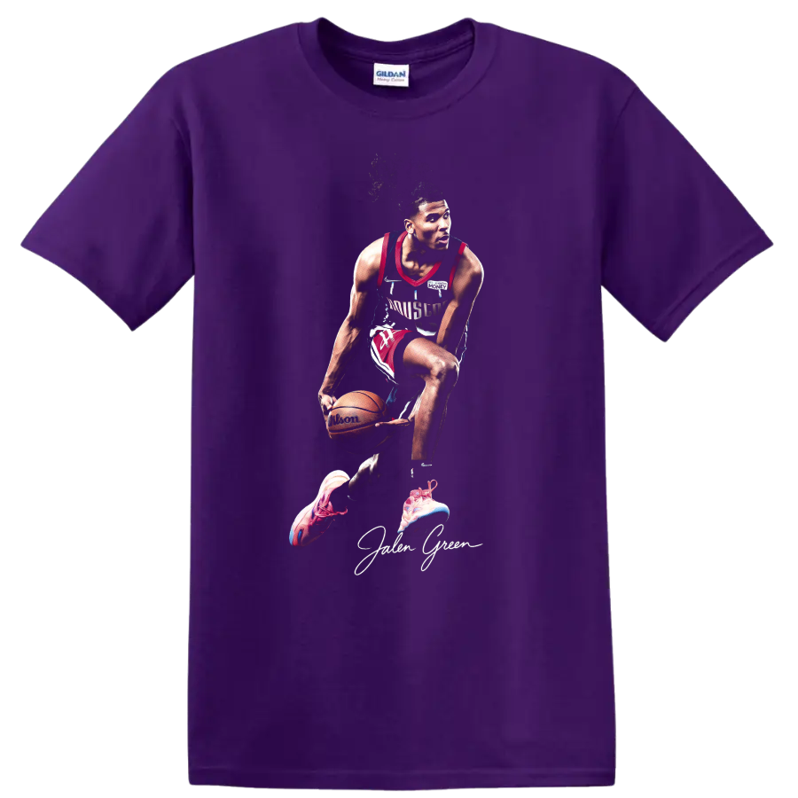 Jalen Green Houston Rockets dribbling basketball action graphic with signature text on a Purple T Shirt