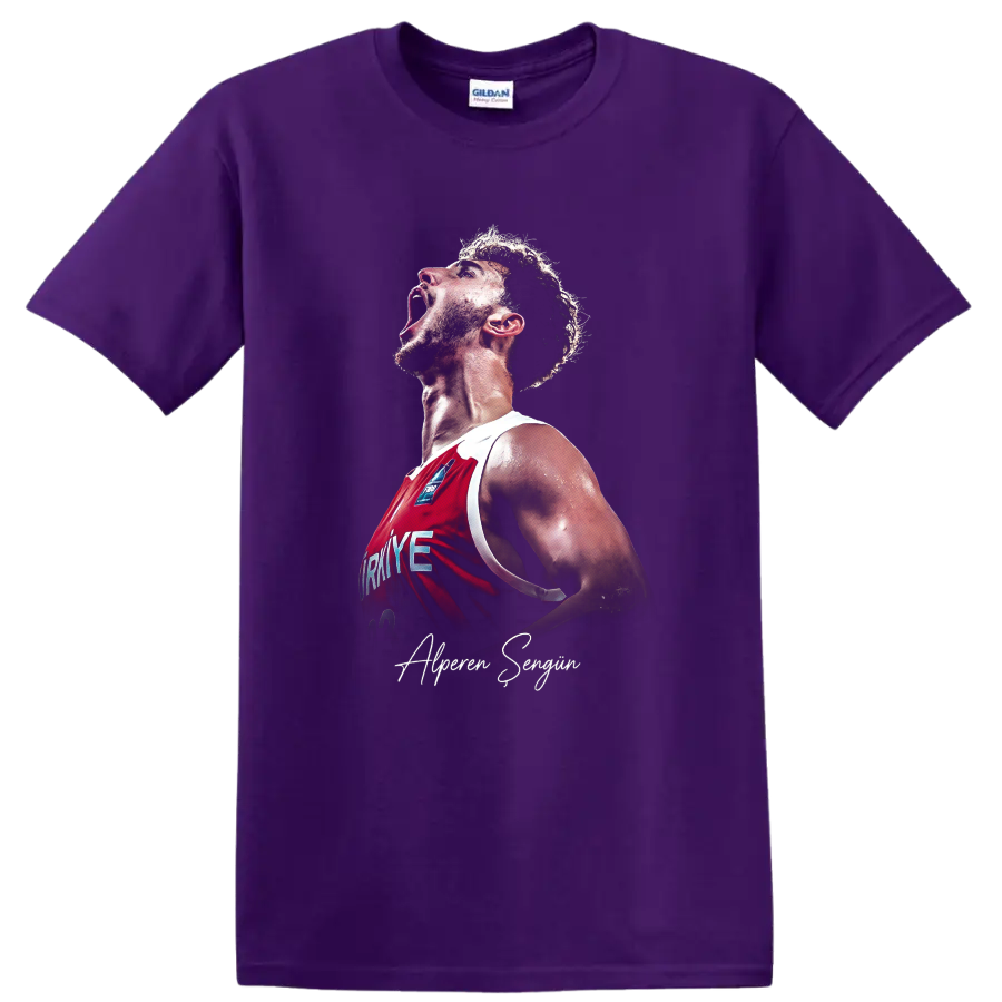 Alperen Şengün shouting in a red Turkey basketball jersey with signature script on a Purple T Shirt