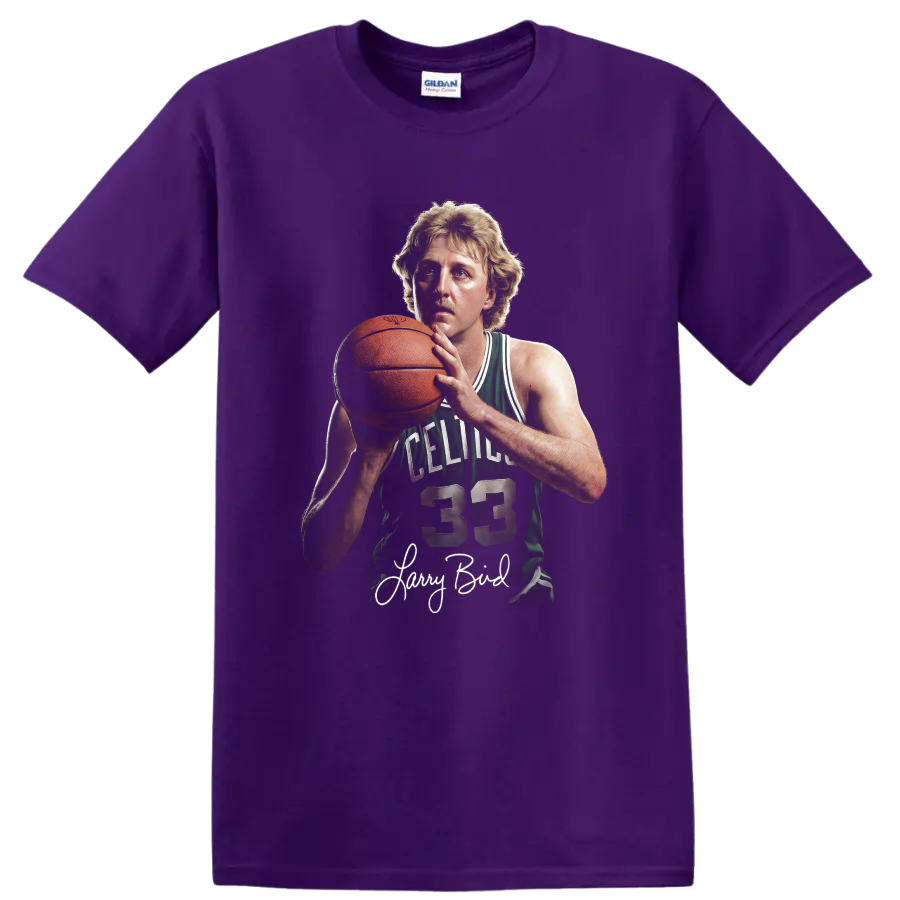 Larry Bird Boston Celtics number 33 basketball portrait with signature on a Purple T Shirt