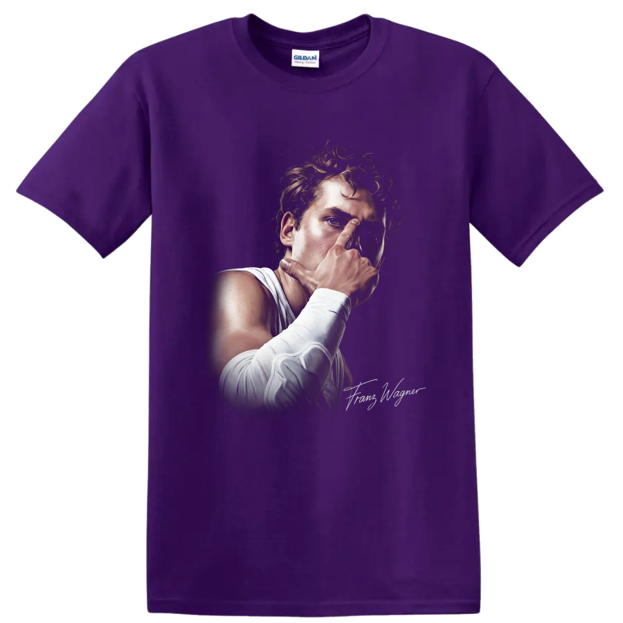 Realistic Reggie Miller Indiana Pacers basketball portrait with white jersey and wrist on a Purple T Shirt
