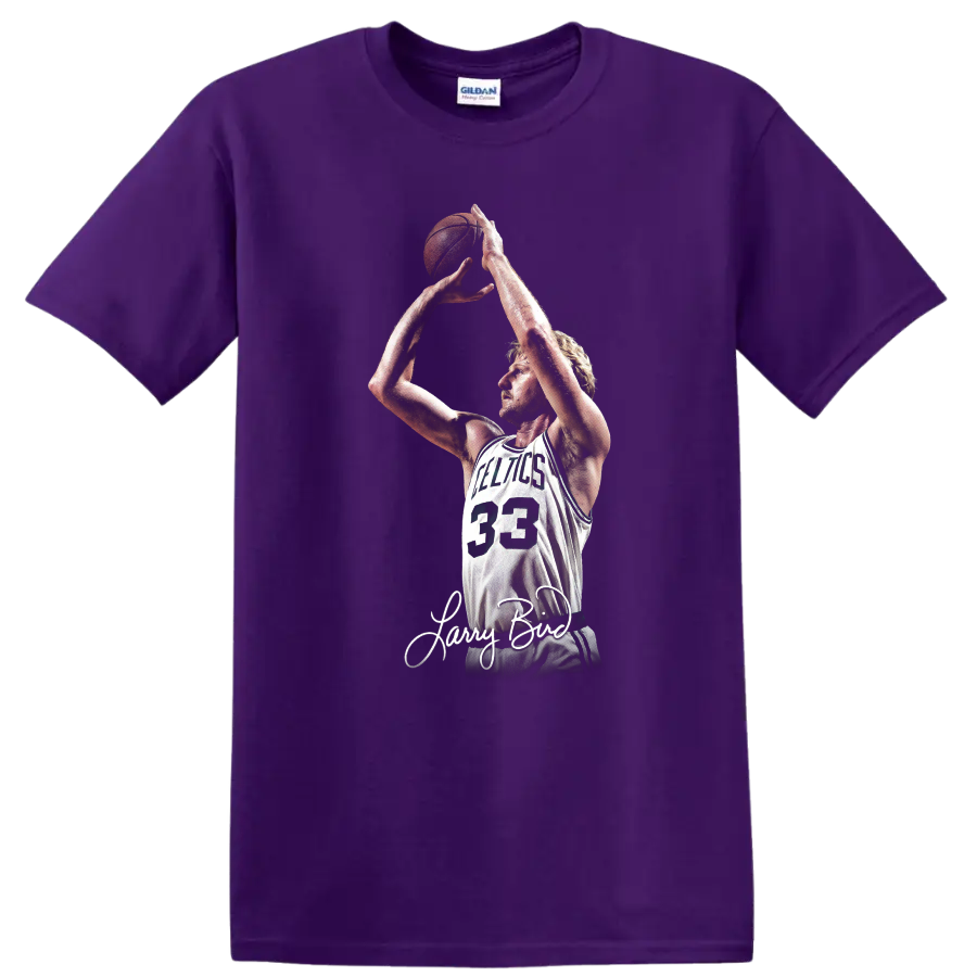 Larry Bird Celtics number 33 shooting pose graphic with signature-style script on a Purple T Shirt