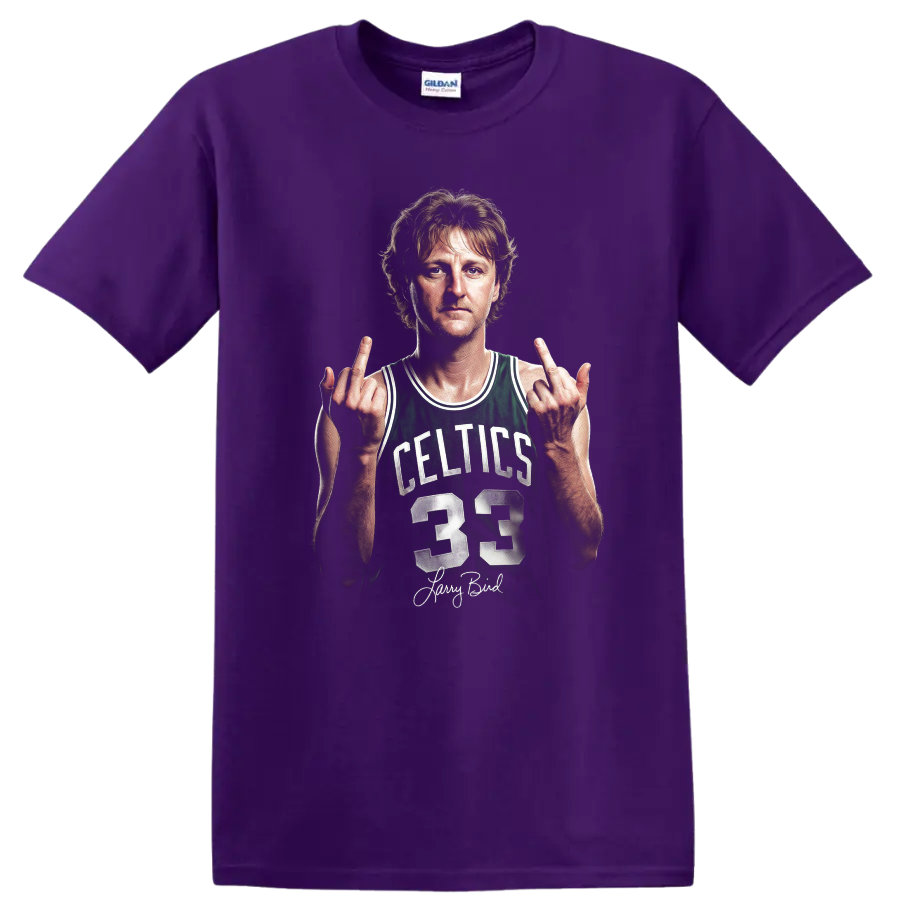 Larry Bird Boston Celtics number 33 portrait graphic with signature-style text on a Purple T Shirt