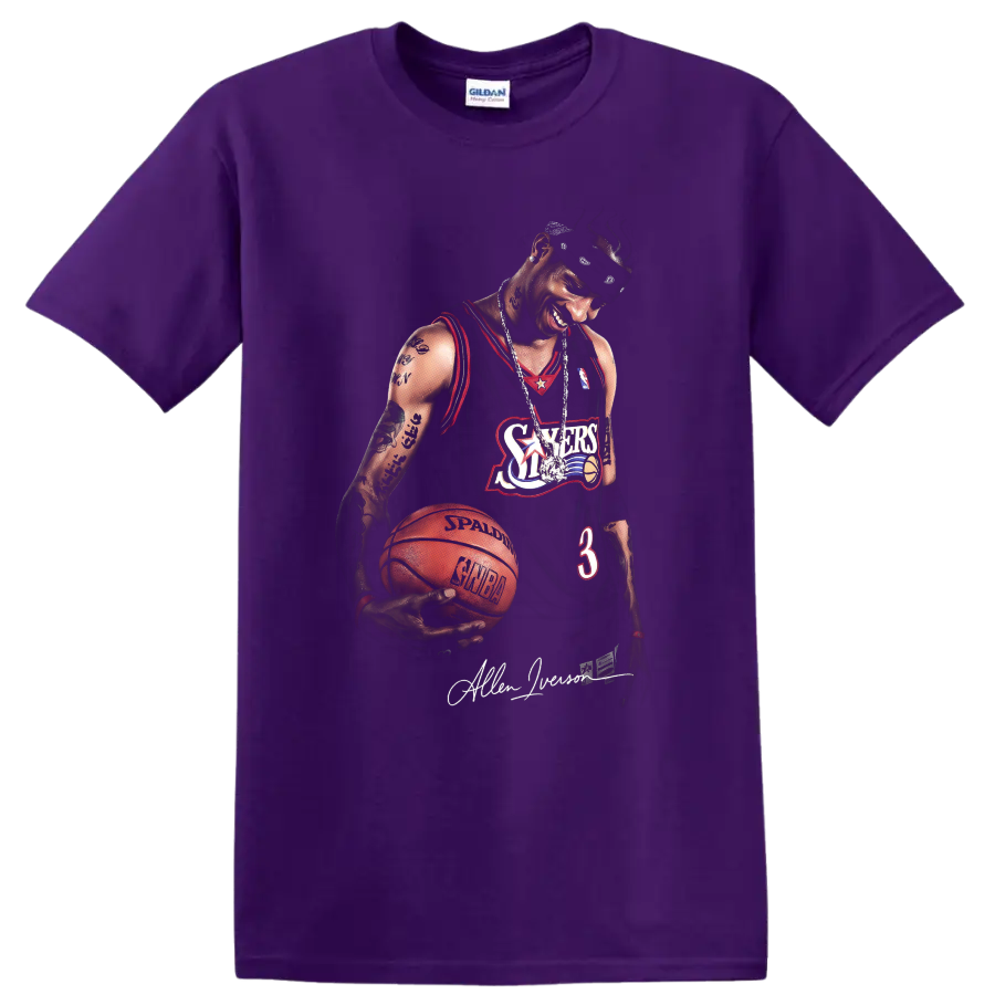 Allen Iverson Philadelphia 76ers number 3 basketball portrait with signature on a Purple T Shirt