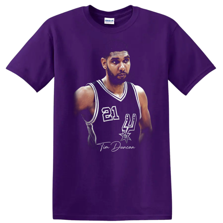 Tim Duncan San Antonio Spurs number 21 retro-style basketball portrait on a Purple T Shirt