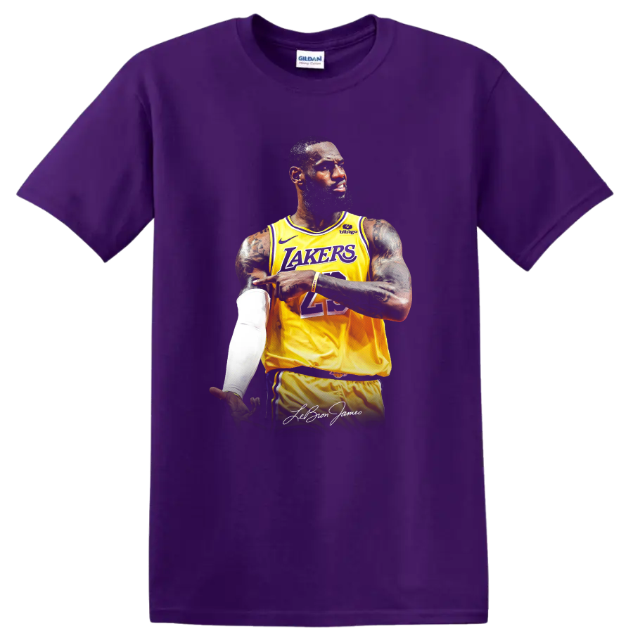 LeBron James in Los Angeles Lakers number 23 jersey portrait with signature on a Purple T Shirt