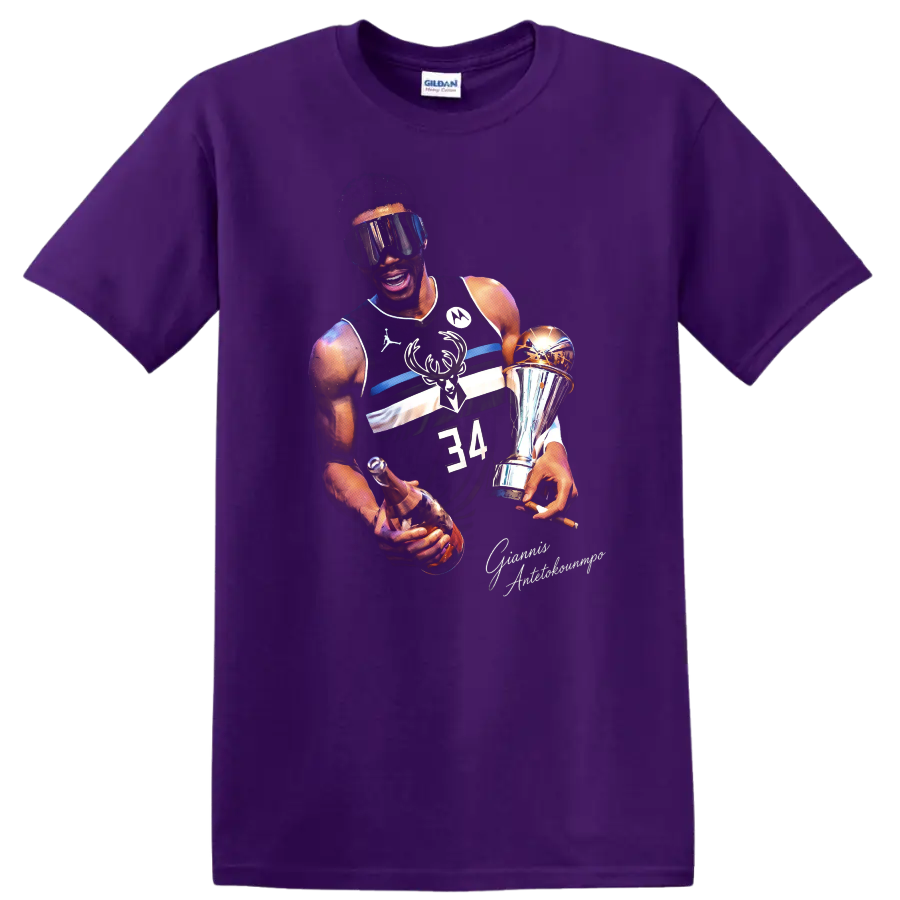 Giannis Antetokounmpo Bucks championship trophy portrait with number 34 jersey on a Purple T Shirt