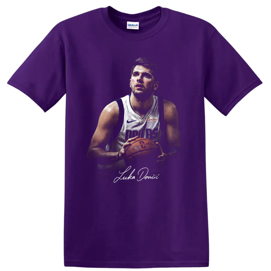 Kyrie Irving Dallas Mavericks basketball player portrait holding a ball on a Purple T Shirt