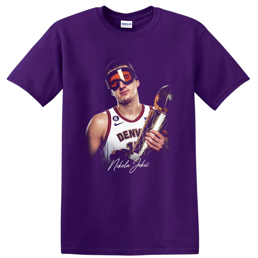 Nikola Jokić holding a gold trophy in orange goggles and Denver jersey portrait on a Purple T Shirt
