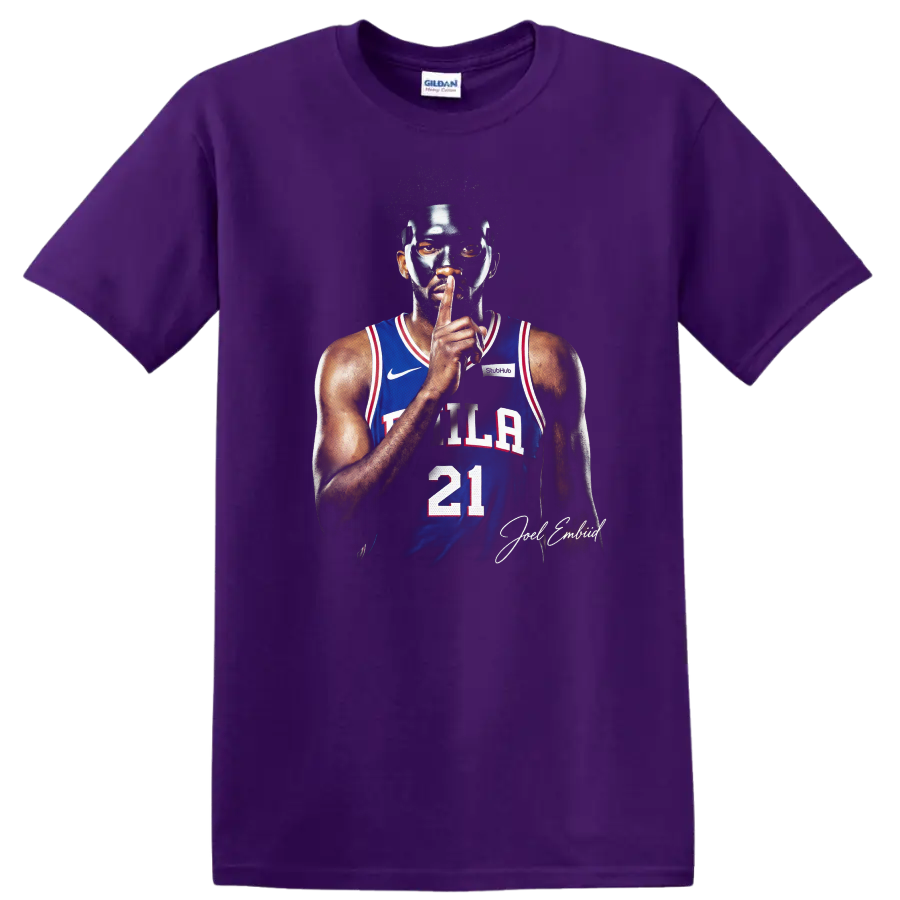 Joel Embiid masked Philadelphia 76ers number 21 basketball portrait with signature on a Purple T Shirt