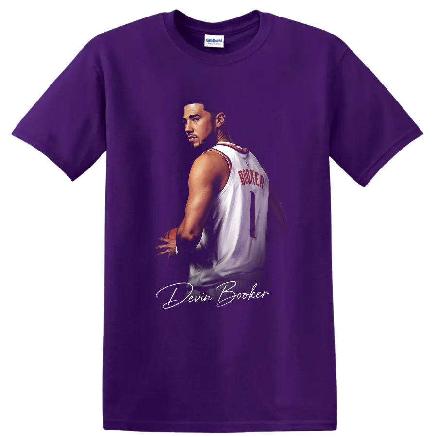 Devin Booker Phoenix Suns jersey portrait with basketball, number 1 and signature script on a Purple T Shirt