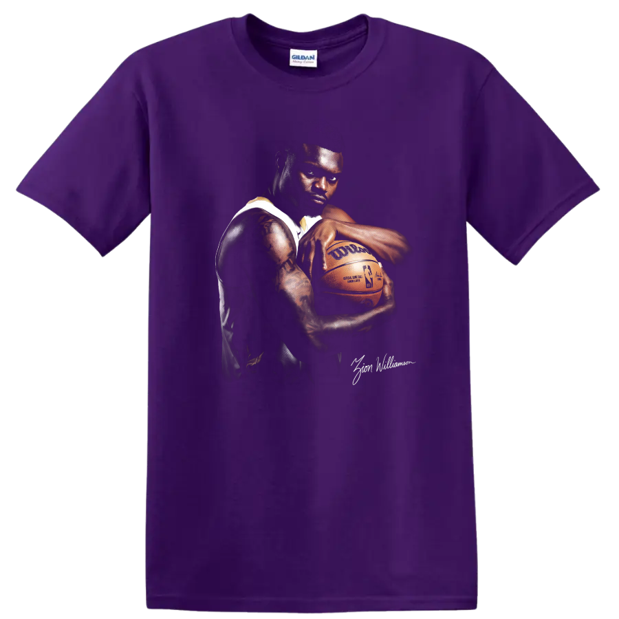 Zion Williamson basketball portrait holding a ball in dramatic high-contrast style on a Purple T Shirt