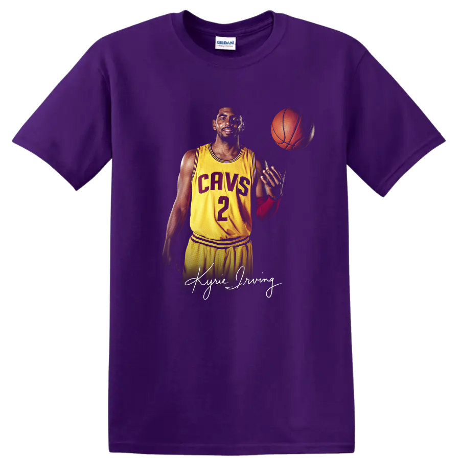 Kyrie Irving Cavaliers number 2 basketball portrait with floating ball and signature on a Purple T Shirt