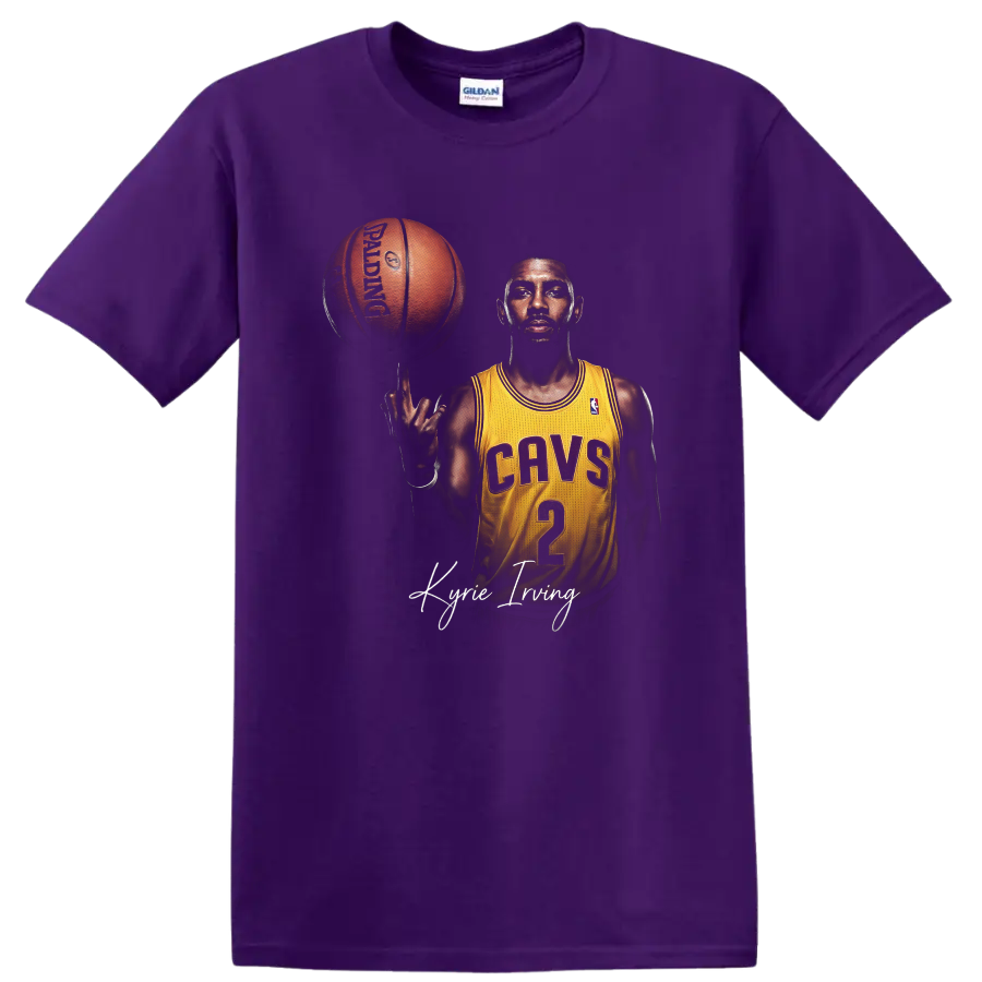 Kyrie Irving Cleveland Cavaliers basketball portrait with spinning ball and signature on a Purple T Shirt
