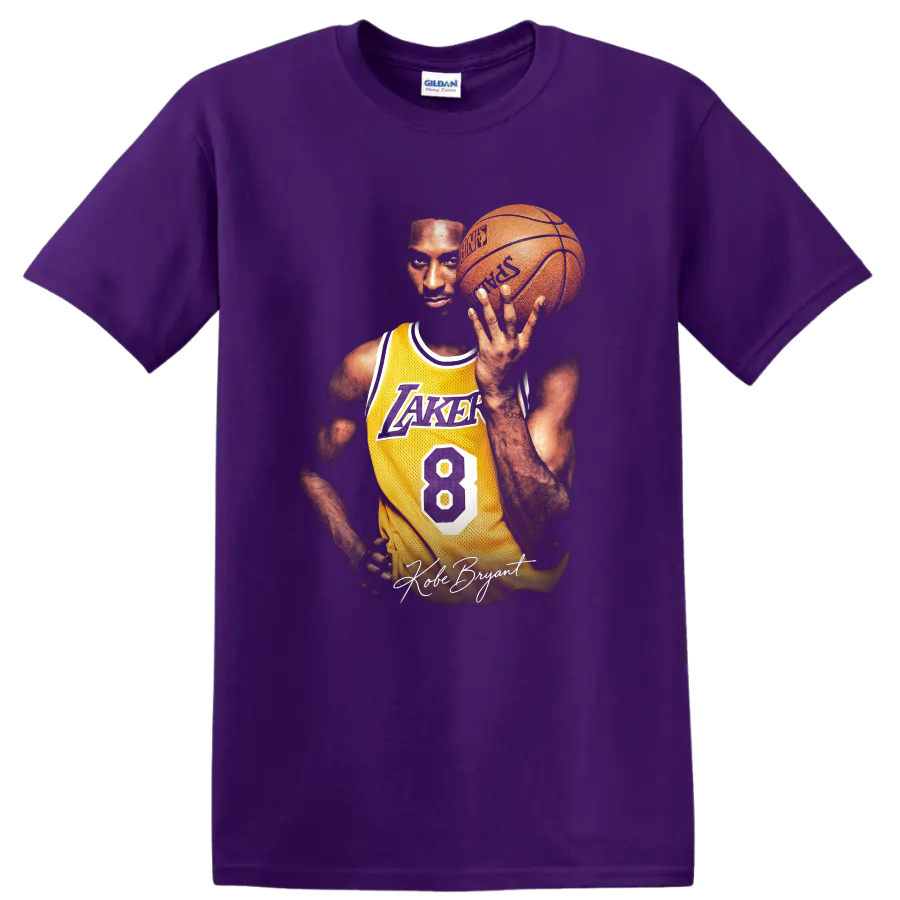 Kobe Bryant Lakers number 8 basketball portrait with signature script on a Purple T Shirt
