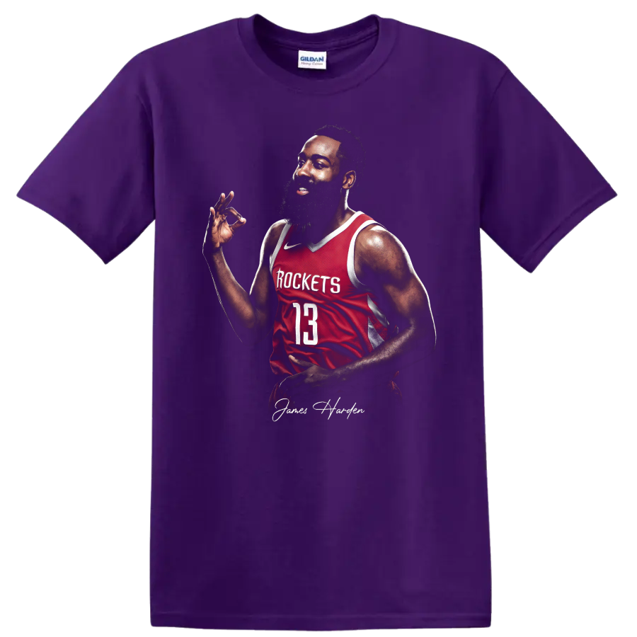 James Harden Houston Rockets number 13 basketball portrait with signature on a Purple T Shirt