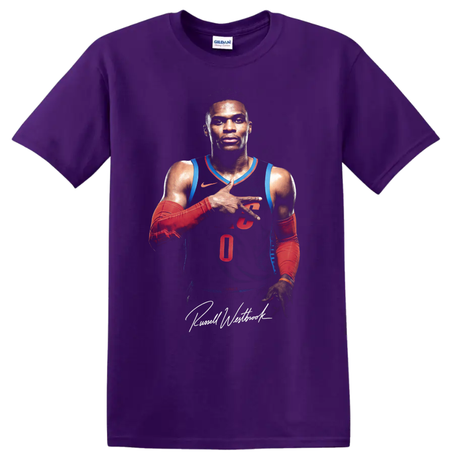 Russell Westbrook Oklahoma City Thunder number 0 basketball portrait with script signature on a Purple T Shirt