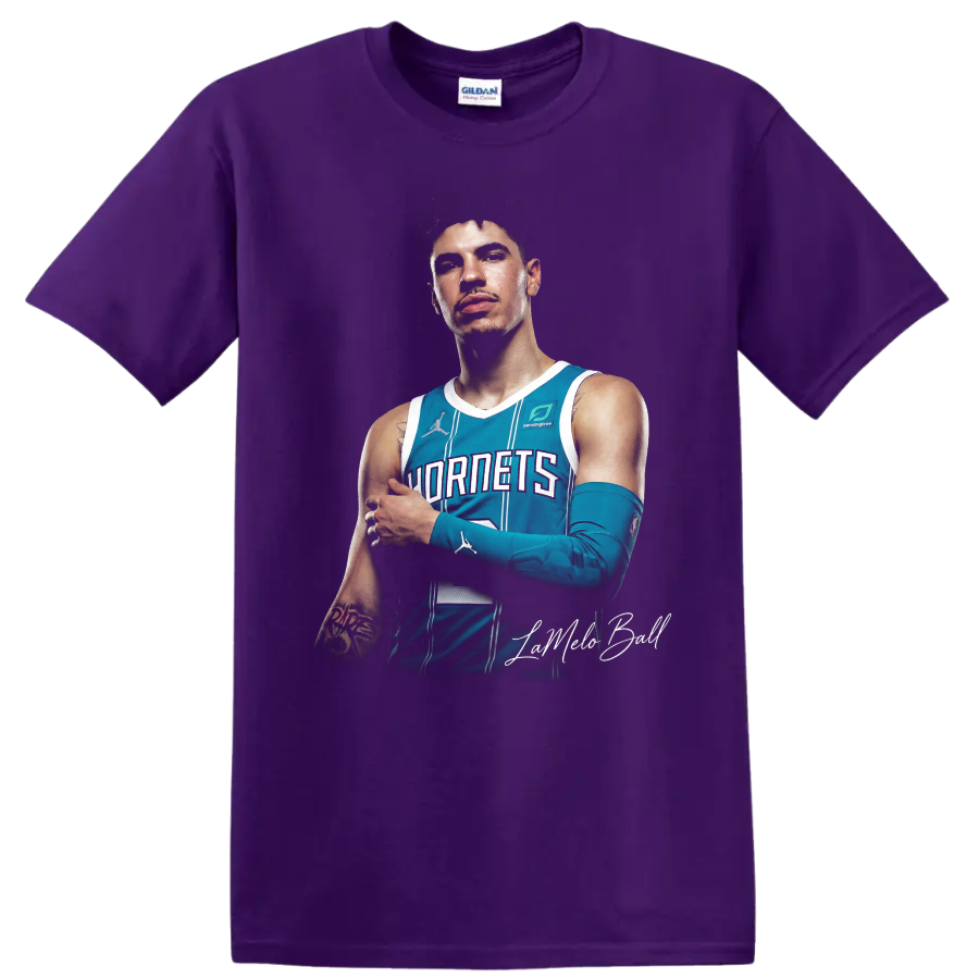 LaMelo Ball Charlotte Hornets teal jersey basketball portrait with script signature on a Purple T Shirt