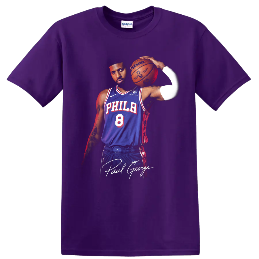 Paul George Philadelphia 76ers basketball portrait with blue number 8 uniform on a Purple T Shirt