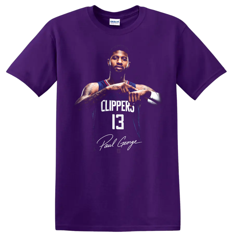 Paul George Los Angeles Clippers number 13 player portrait with signature-style text on a Purple T Shirt