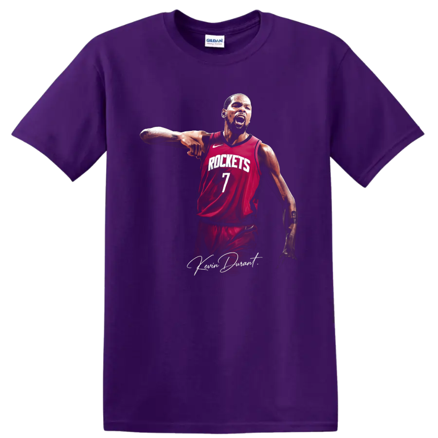 Kevin Durant Houston Rockets number 7 basketball portrait with signature script on a Purple T Shirt