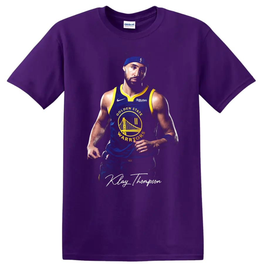 Stephen Curry Golden State Warriors number 30 basketball portrait with signature-style on a Purple T Shirt