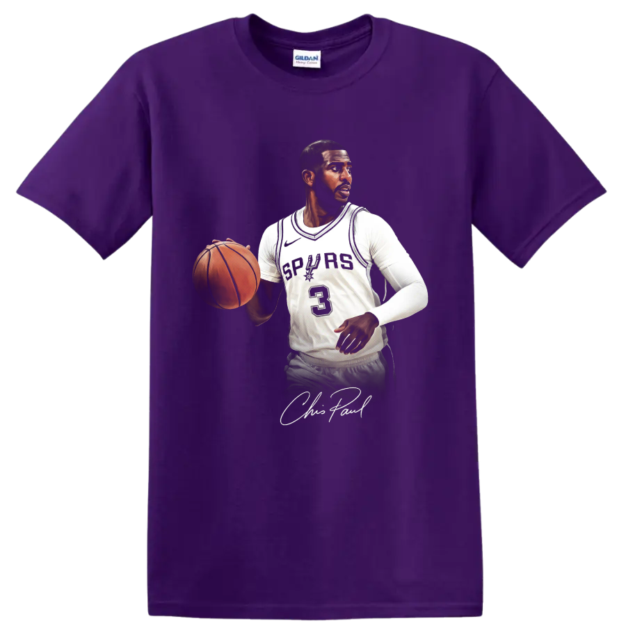 Chris Paul Spurs basketball action portrait with ball, number 3 jersey, and signature on a Purple T Shirt