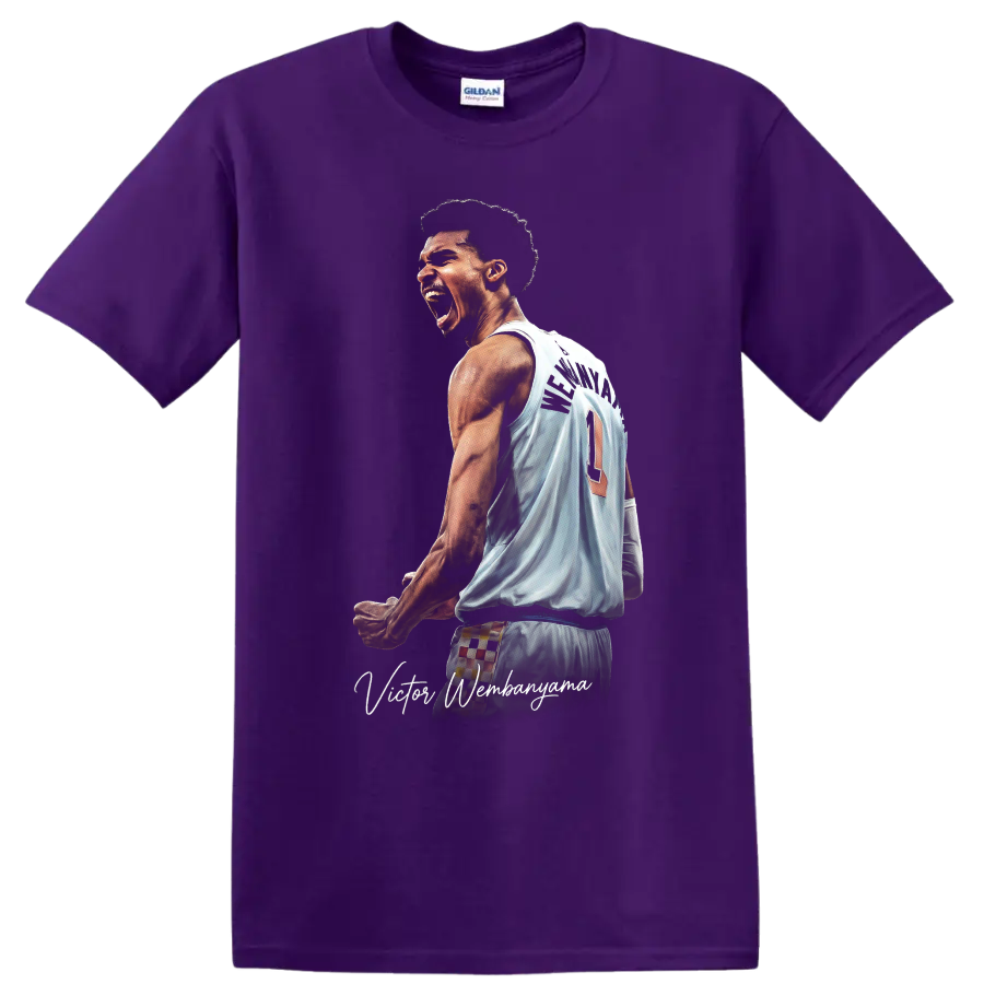 Victor Wembanyama Spurs jersey action portrait with script signature on a Purple T Shirt