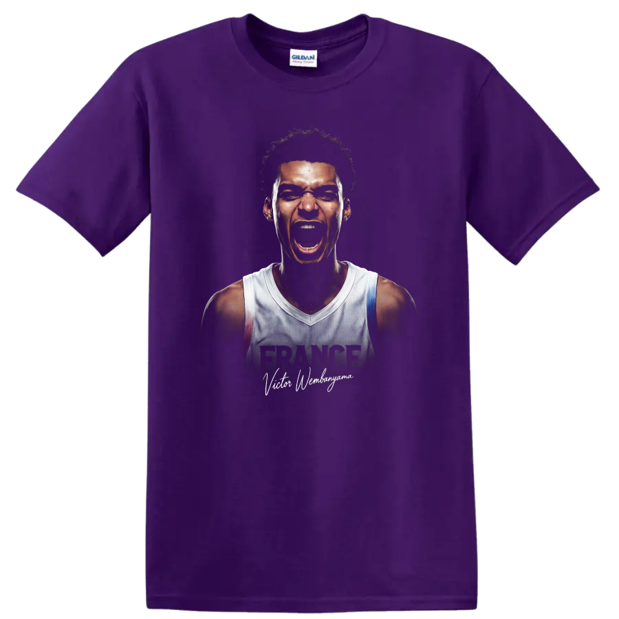 Victor Wembanyama intense basketball portrait with FRANCE text and signature lettering on a Purple T Shirt