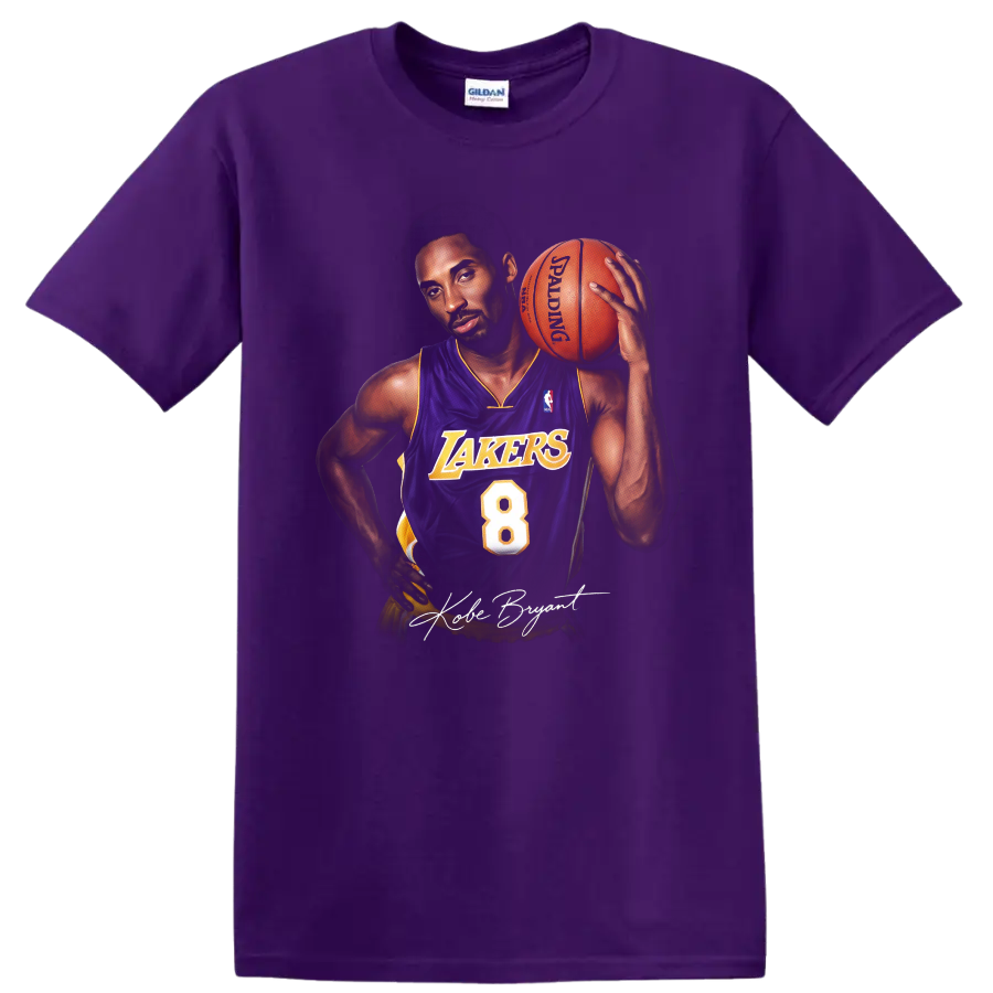Kobe Bryant in Los Angeles Lakers number 8 jersey holding basketball, signature-style art on a Purple T Shirt