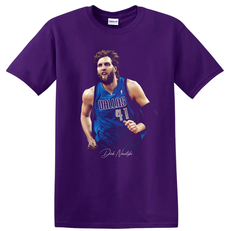 Dirk Nowitzki in Dallas Mavericks number 41 jersey with signature-style graphic on a Purple T Shirt