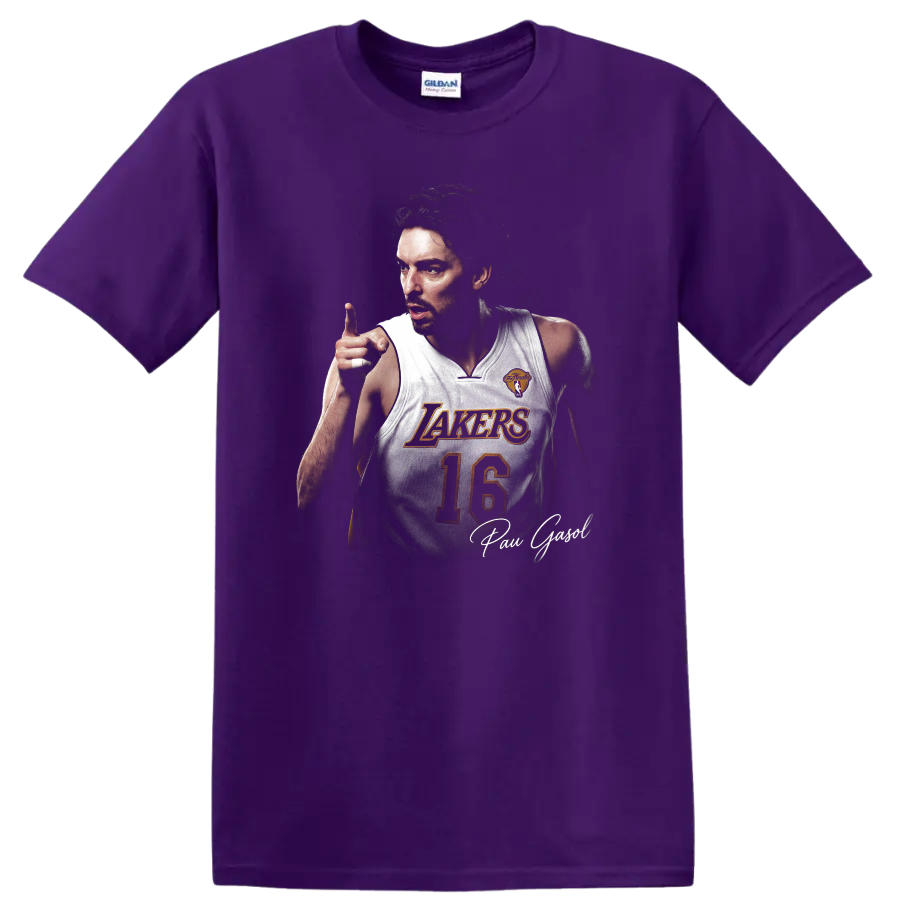 Pau Gasol Los Angeles Lakers number 16 basketball portrait with signature on a Purple T Shirt