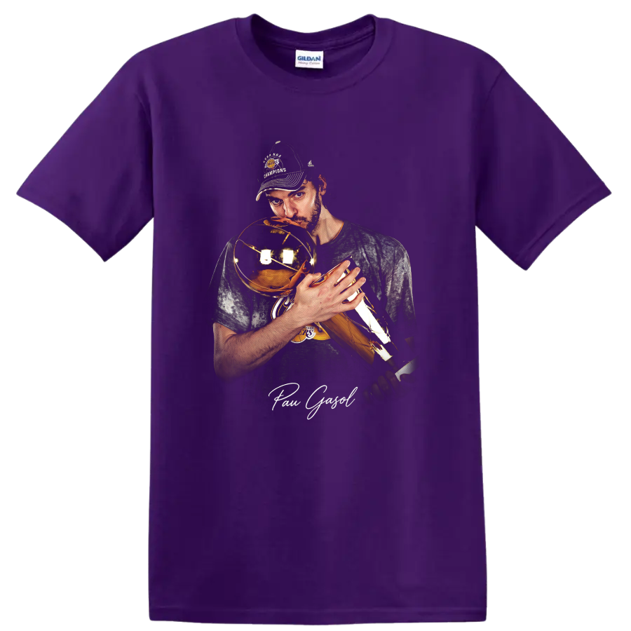 Pau Gasol holding a championship trophy in dramatic Lakers portrait artwork on a Purple T Shirt